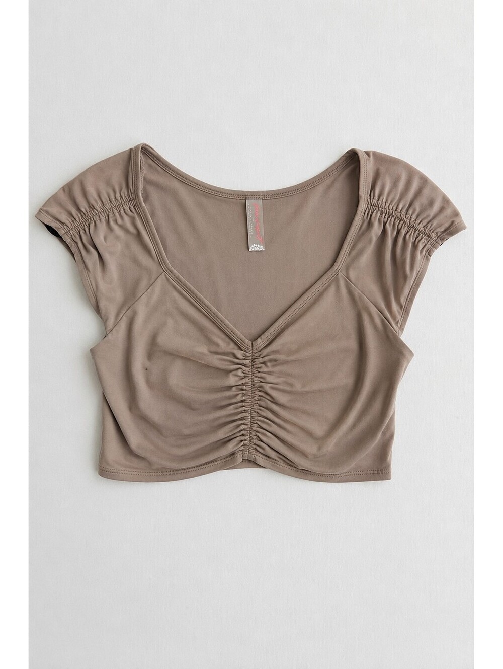 Free People Intimately M Taupe Ruched V Neck Cap Sleeve Crop Top